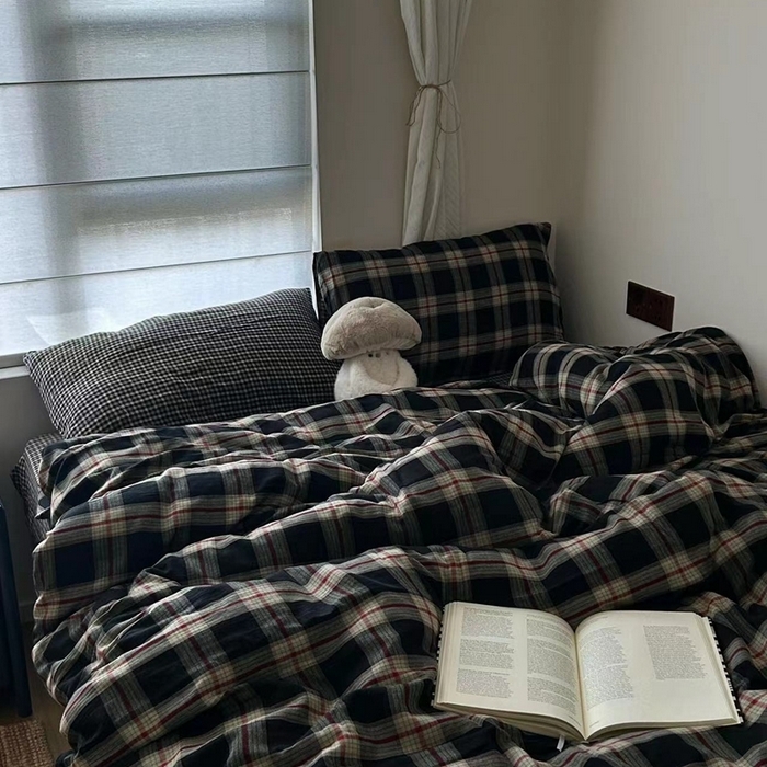 91家纺网 家纺一手货源 找家纺 （总）双层纱家居 2025新款AA版拉链款全棉纯棉色织提花双层纱四件套 -墨染朱华