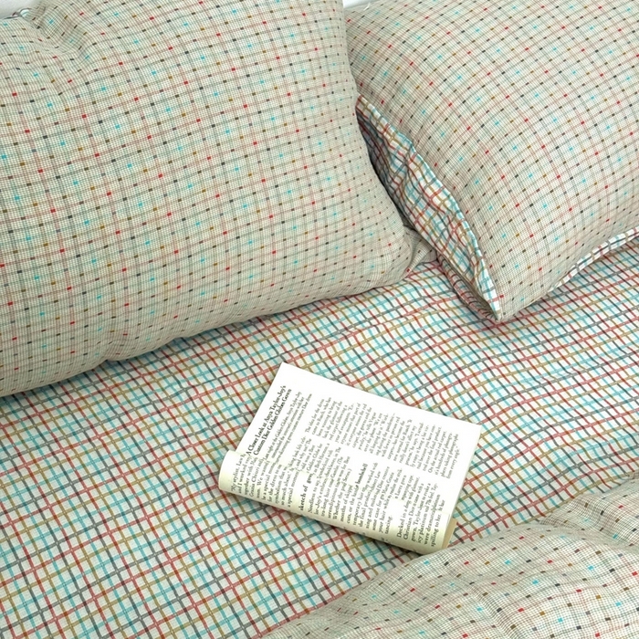 91家纺网 家纺一手货源 找家纺 双层纱家居 2025新款彩虹格全棉纯棉色织提花四件套 彩虹格米白