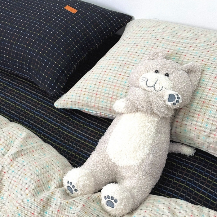 91家纺网 家纺一手货源 找家纺 双层纱家居 2025新款彩虹格全棉纯棉色织提花四件套 彩虹格米白+黑