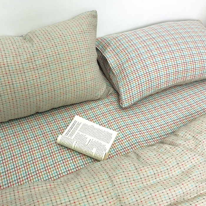 91家纺网 家纺一手货源 找家纺 双层纱家居 2025新款彩虹格全棉纯棉色织提花四件套 彩虹格米白