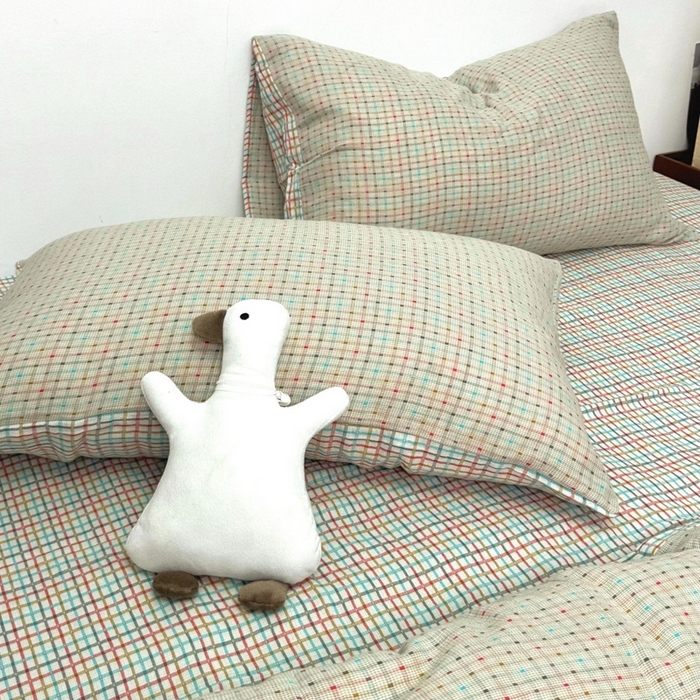 91家纺网 家纺一手货源 找家纺 双层纱家居 2025新款彩虹格全棉纯棉色织提花四件套 彩虹格米白