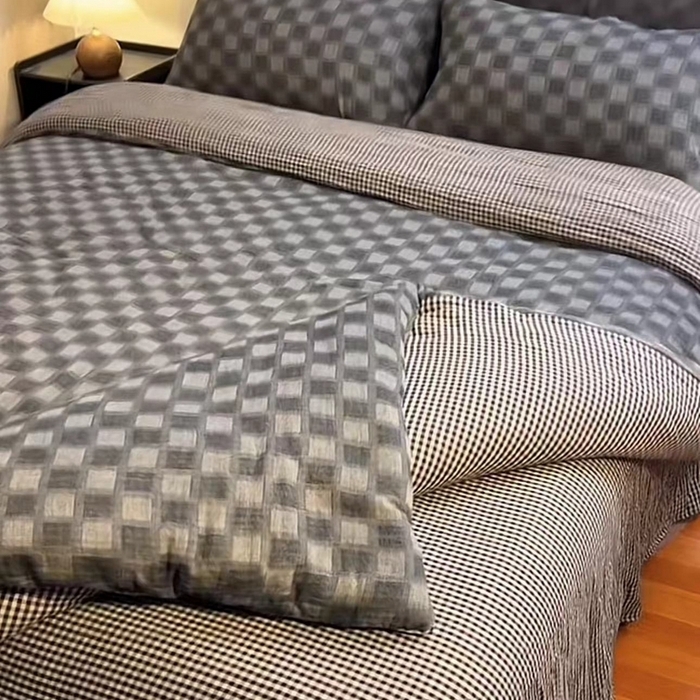 （总）双层纱家居 2025新款AA版拉链款全棉纯棉色织提花双层纱四件套-时光织梦朦胧格