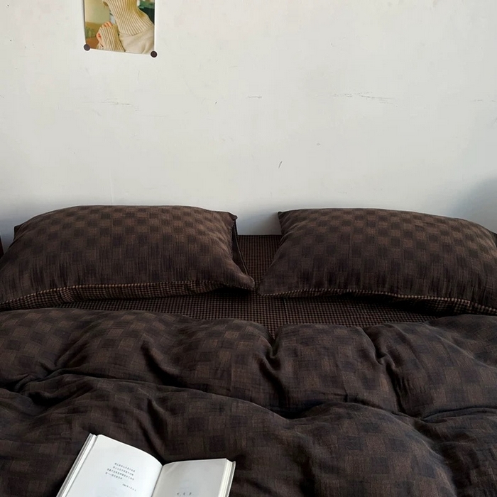 91家纺网 家纺一手货源 找家纺 双层纱家居 2025新款AA版拉链款全棉纯棉色织提花双层纱四件套-时光织梦朦胧格 时光织梦朦胧格-咖色