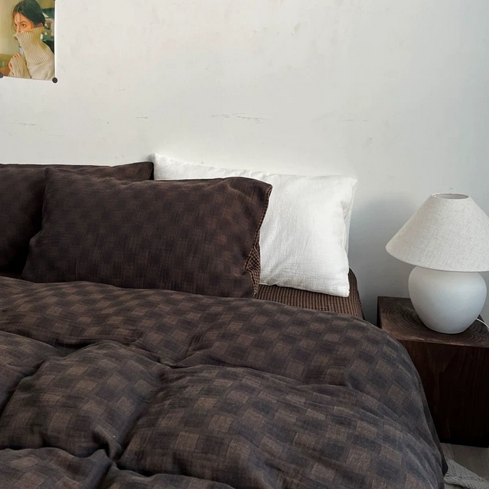 91家纺网 家纺一手货源 找家纺 双层纱家居 2025新款AA版拉链款全棉纯棉色织提花双层纱四件套-时光织梦朦胧格 时光织梦朦胧格-咖色