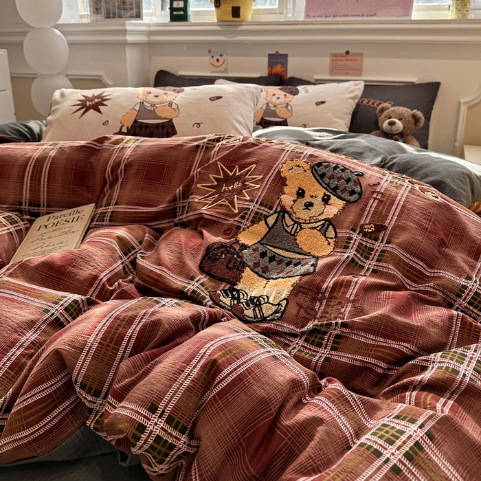 花伞家居 2026新款老钱学院风毛巾绣双层纱加厚四件套 苏格兰红格-露丝