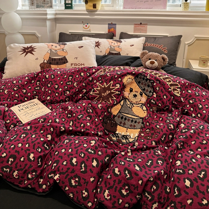 花伞家居 2026新款老钱学院风毛巾绣双层纱加厚四件套 热情豹纹-露丝