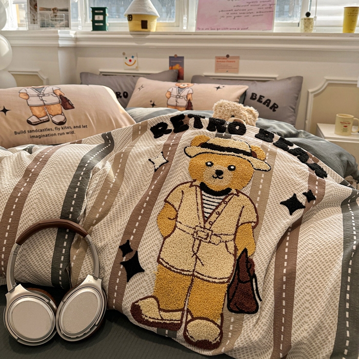 花伞家居 2026新款老钱学院风毛巾绣双层纱加厚四件套 日系条纹-瑞特