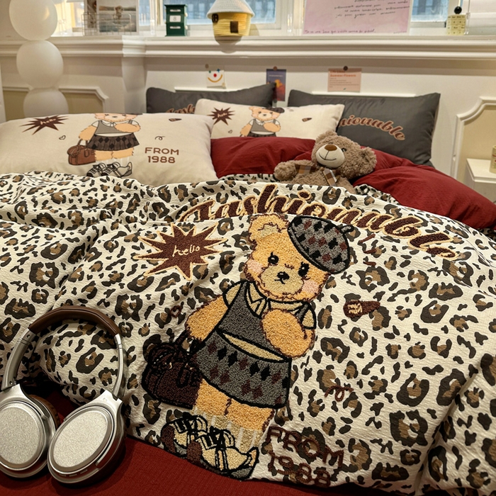 花伞家居 2026新款老钱学院风毛巾绣双层纱加厚四件套 卡其豹纹-露丝