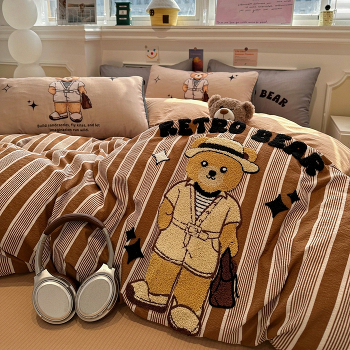 花伞家居 2026新款老钱学院风毛巾绣双层纱加厚四件套 复古棕竖条-瑞特