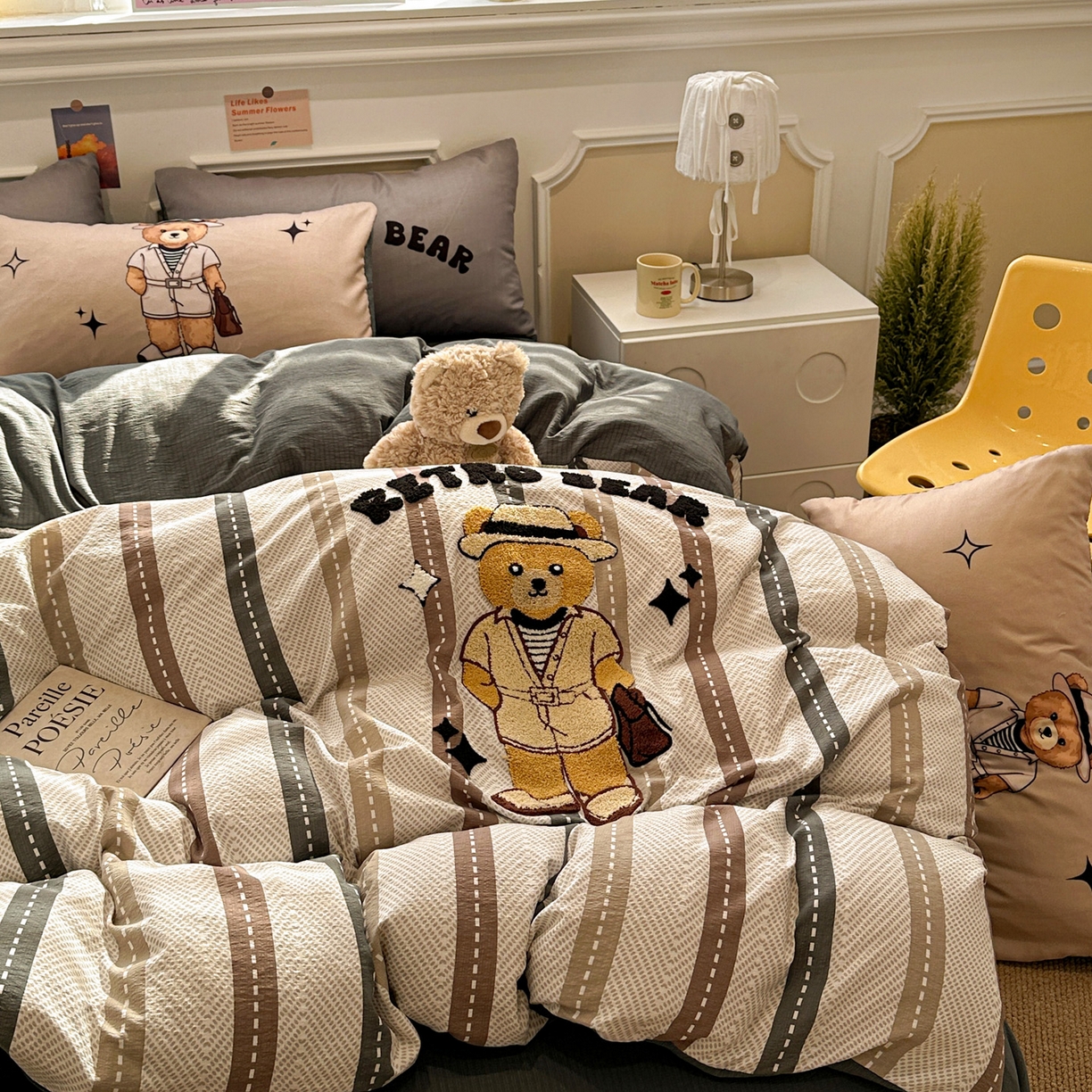 91家纺网 家纺一手货源 找家纺 花伞家居 2026新款老钱学院风毛巾绣双层纱加厚四件套 日系条纹-瑞特