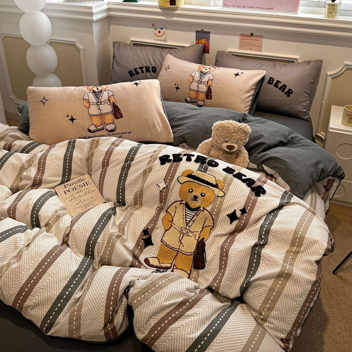 91家纺网 家纺一手货源 找家纺 花伞家居 2026新款老钱学院风毛巾绣双层纱加厚四件套 日系条纹-瑞特