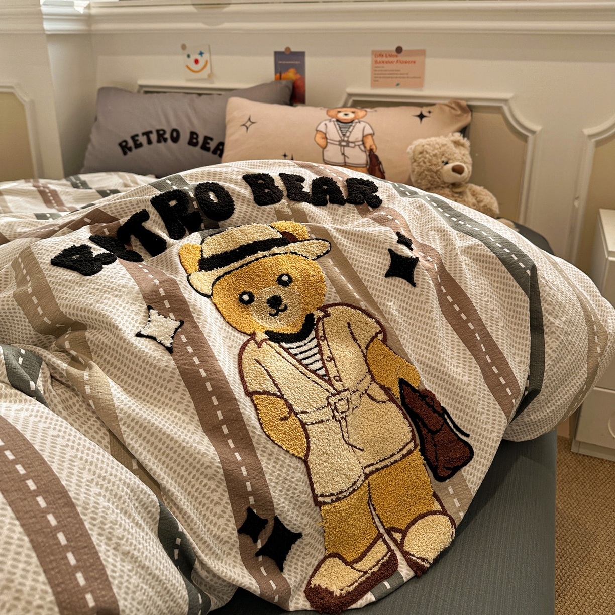 91家纺网 家纺一手货源 找家纺 花伞家居 2026新款老钱学院风毛巾绣双层纱加厚四件套 日系条纹-瑞特