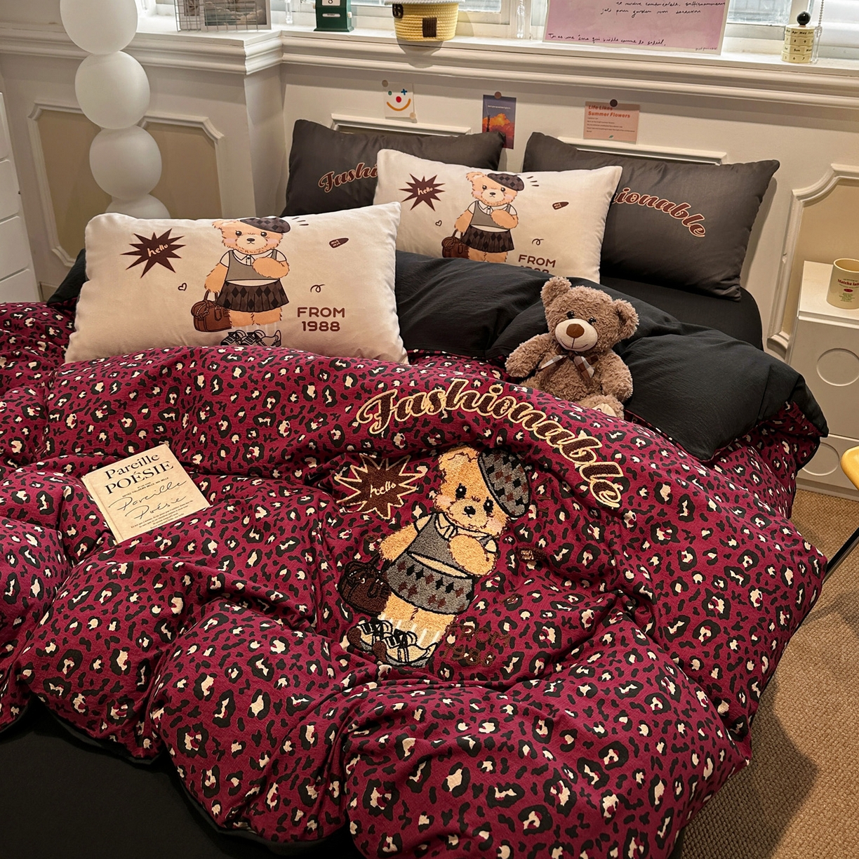 91家纺网 家纺一手货源 找家纺 花伞家居 2026新款老钱学院风毛巾绣双层纱加厚四件套 热情豹纹-露丝