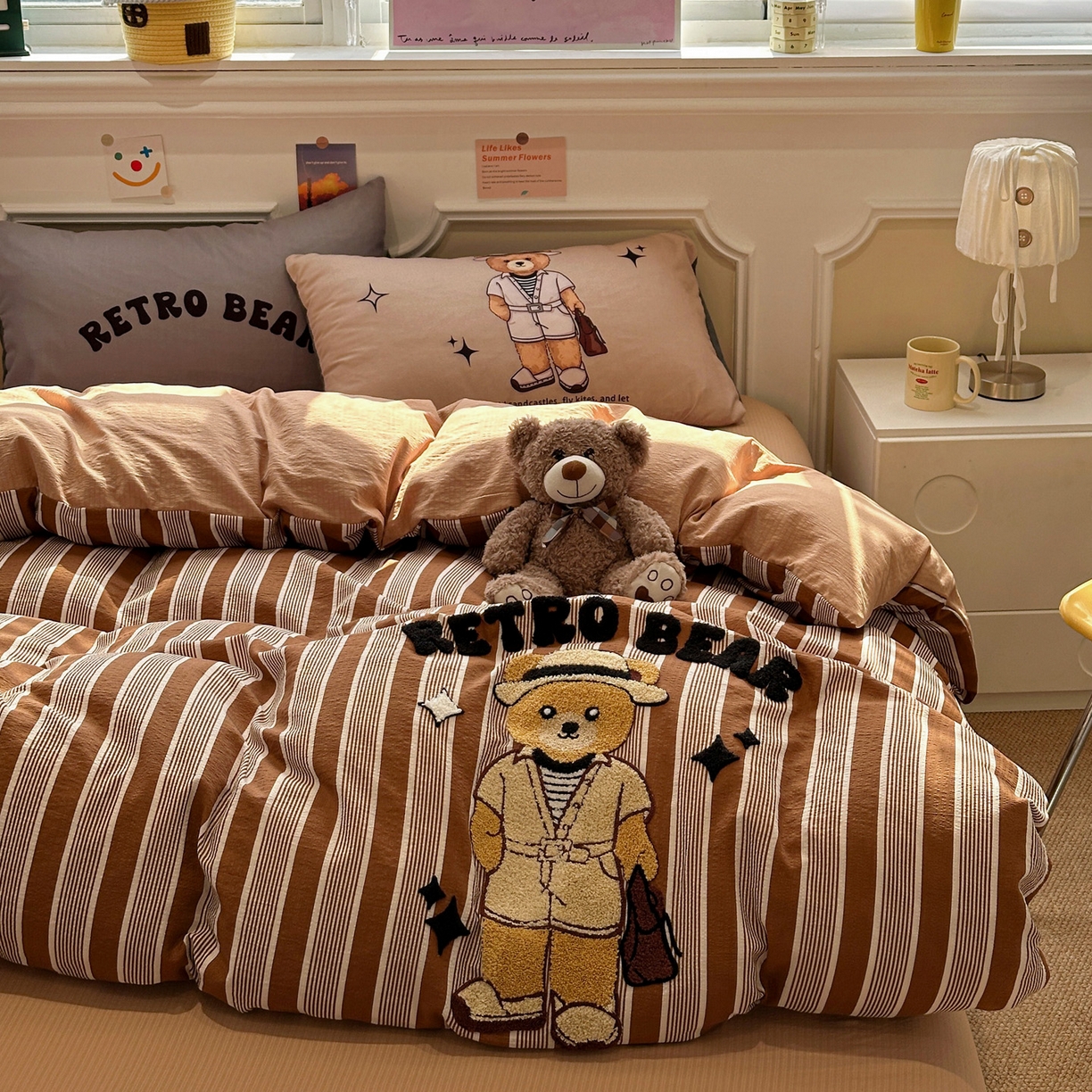 91家纺网 家纺一手货源 找家纺 花伞家居 2026新款老钱学院风毛巾绣双层纱加厚四件套 复古棕竖条-瑞特