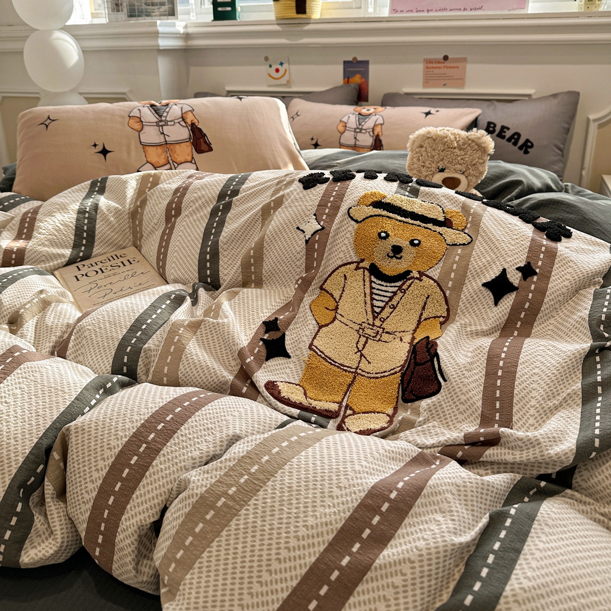 91家纺网 家纺一手货源 找家纺 花伞家居 2026新款老钱学院风毛巾绣双层纱加厚四件套 日系条纹-瑞特