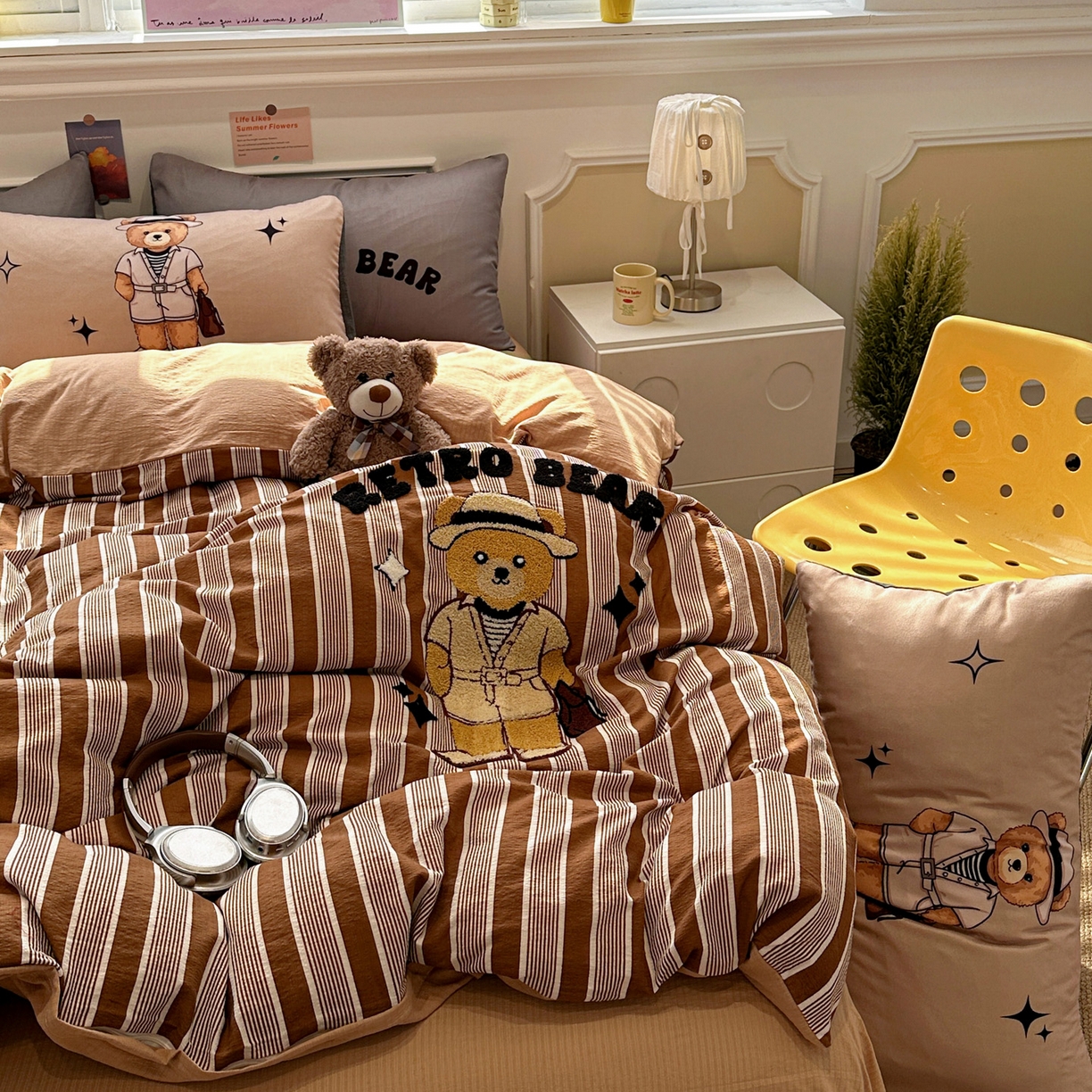 91家纺网 家纺一手货源 找家纺 花伞家居 2026新款老钱学院风毛巾绣双层纱加厚四件套 复古棕竖条-瑞特