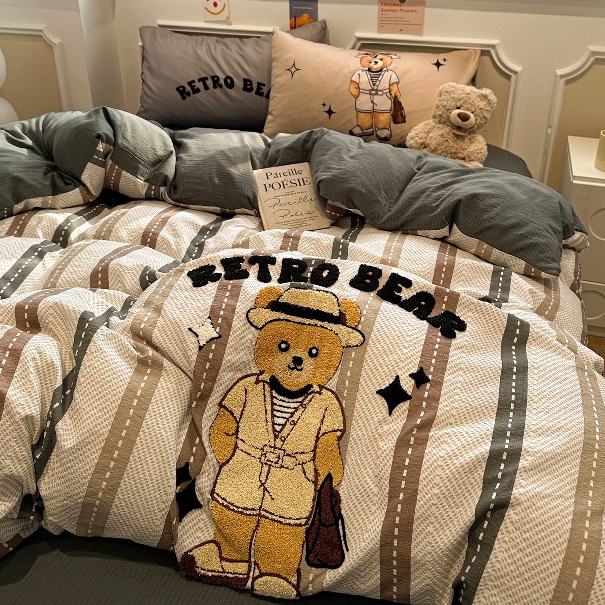 91家纺网 家纺一手货源 找家纺 花伞家居 2026新款老钱学院风毛巾绣双层纱加厚四件套 日系条纹-瑞特