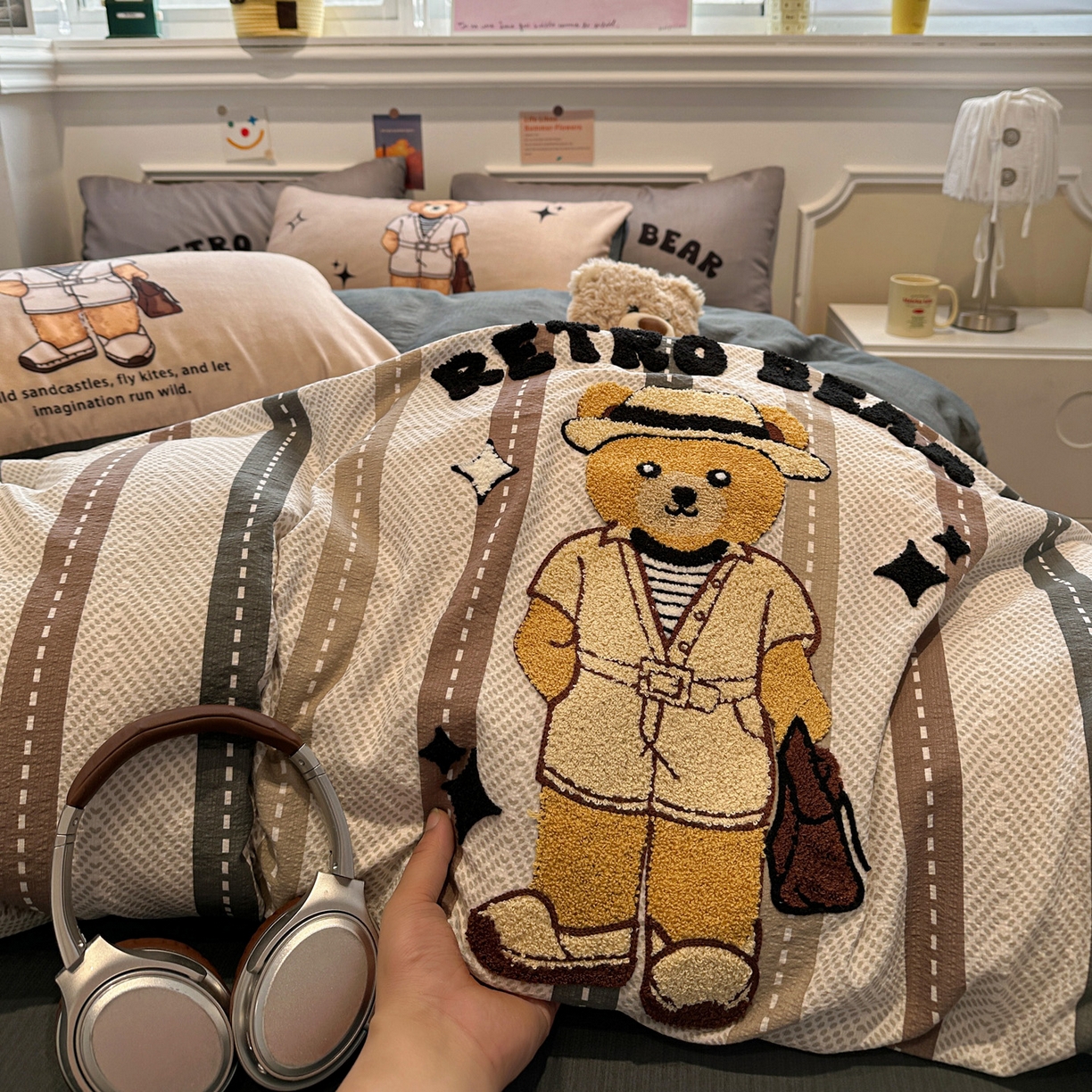 91家纺网 家纺一手货源 找家纺 花伞家居 2026新款老钱学院风毛巾绣双层纱加厚四件套 日系条纹-瑞特