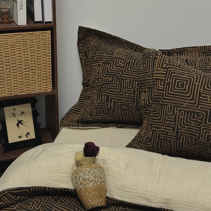 91家纺网 家纺一手货源 找家纺 双层纱家居 2025新款AB版A版棉麻B版棉麻双层纱棉麻四件套20%麻-凯撒 凯撒-黑金色