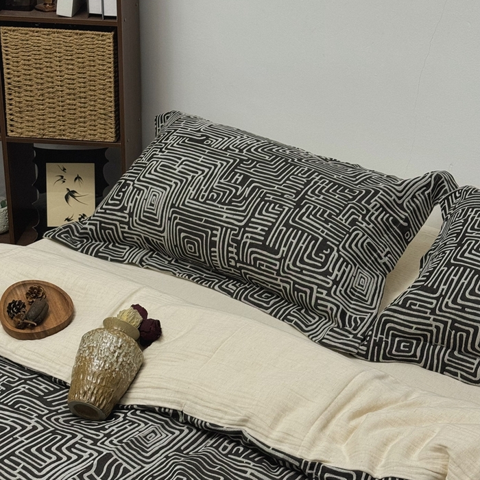 91家纺网 家纺一手货源 找家纺 双层纱家居 2025新款AB版A版棉麻B版棉麻双层纱棉麻四件套20%麻-凯撒 凯撒-熊猫色