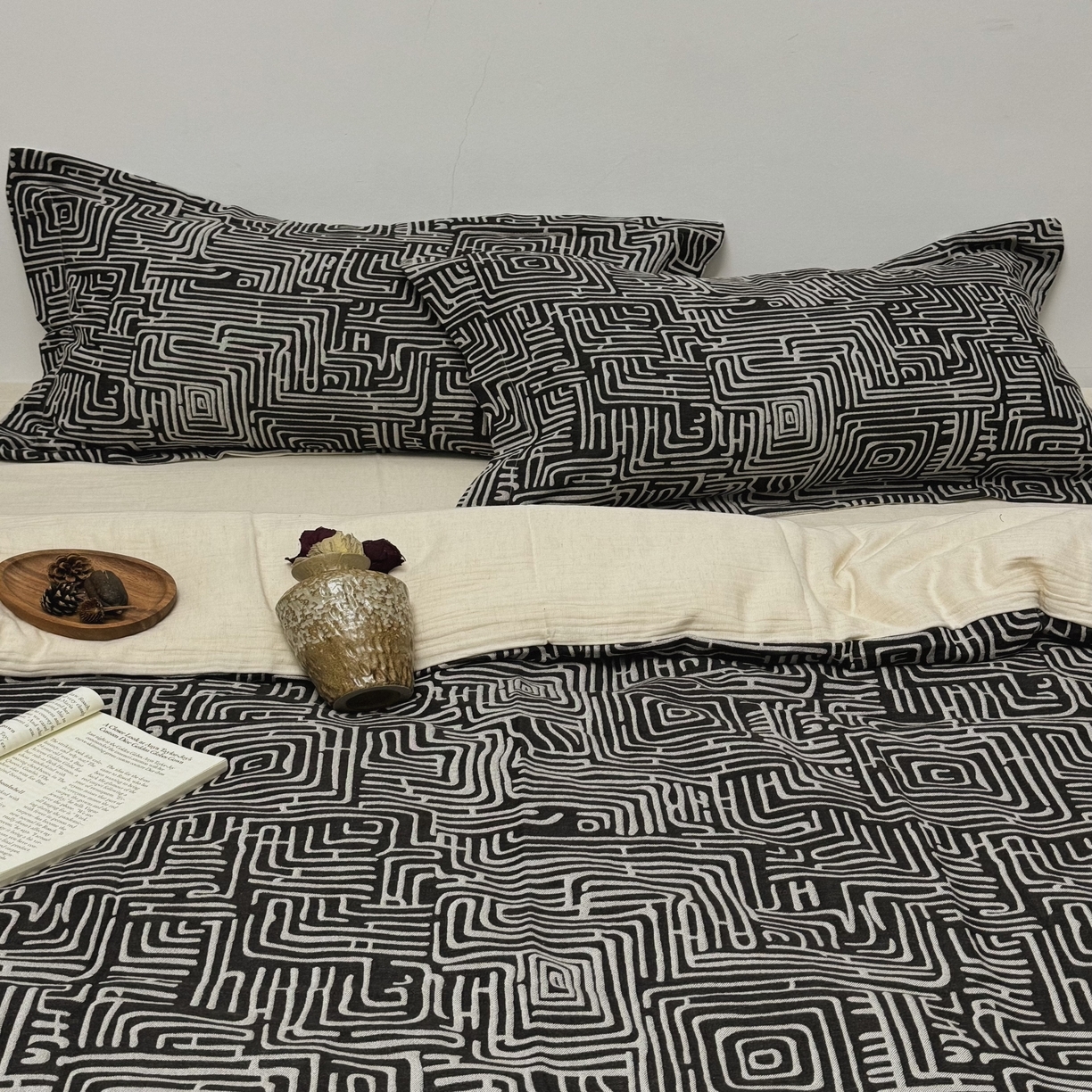 双层纱家居 2025新款AB版A版棉麻B版棉麻双层纱棉麻四件套20%麻-凯撒 凯撒-熊猫色