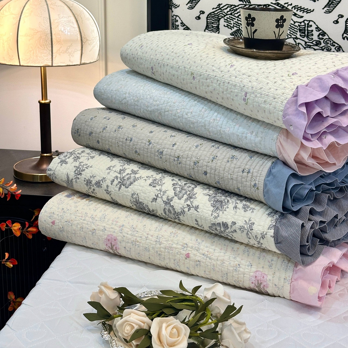 91家纺网 家纺一手货源 找家纺 床盖工厂店 2026新款小花边双面全棉填充棉花床盖三件套 组合图仅供展示不可下单