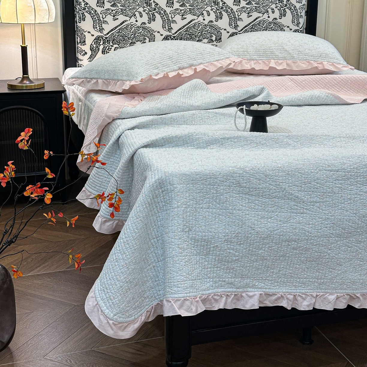 91家纺网 家纺一手货源 找家纺 床盖工厂店 2026新款小花边双面全棉填充棉花床盖三件套 若芷嫣（绿）