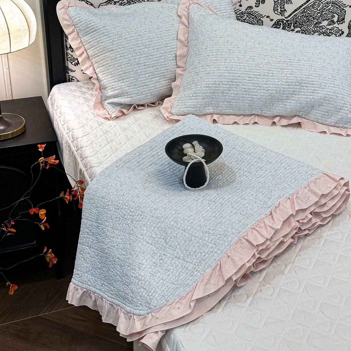 91家纺网 家纺一手货源 找家纺 床盖工厂店 2026新款小花边双面全棉填充棉花床盖三件套 若芷嫣（绿）