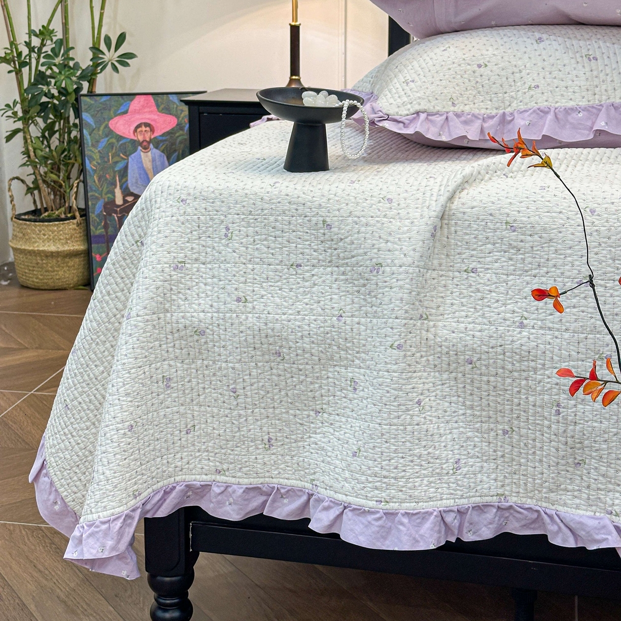 91家纺网 家纺一手货源 找家纺 床盖工厂店 2026新款小花边双面全棉填充棉花床盖三件套 花下诗页