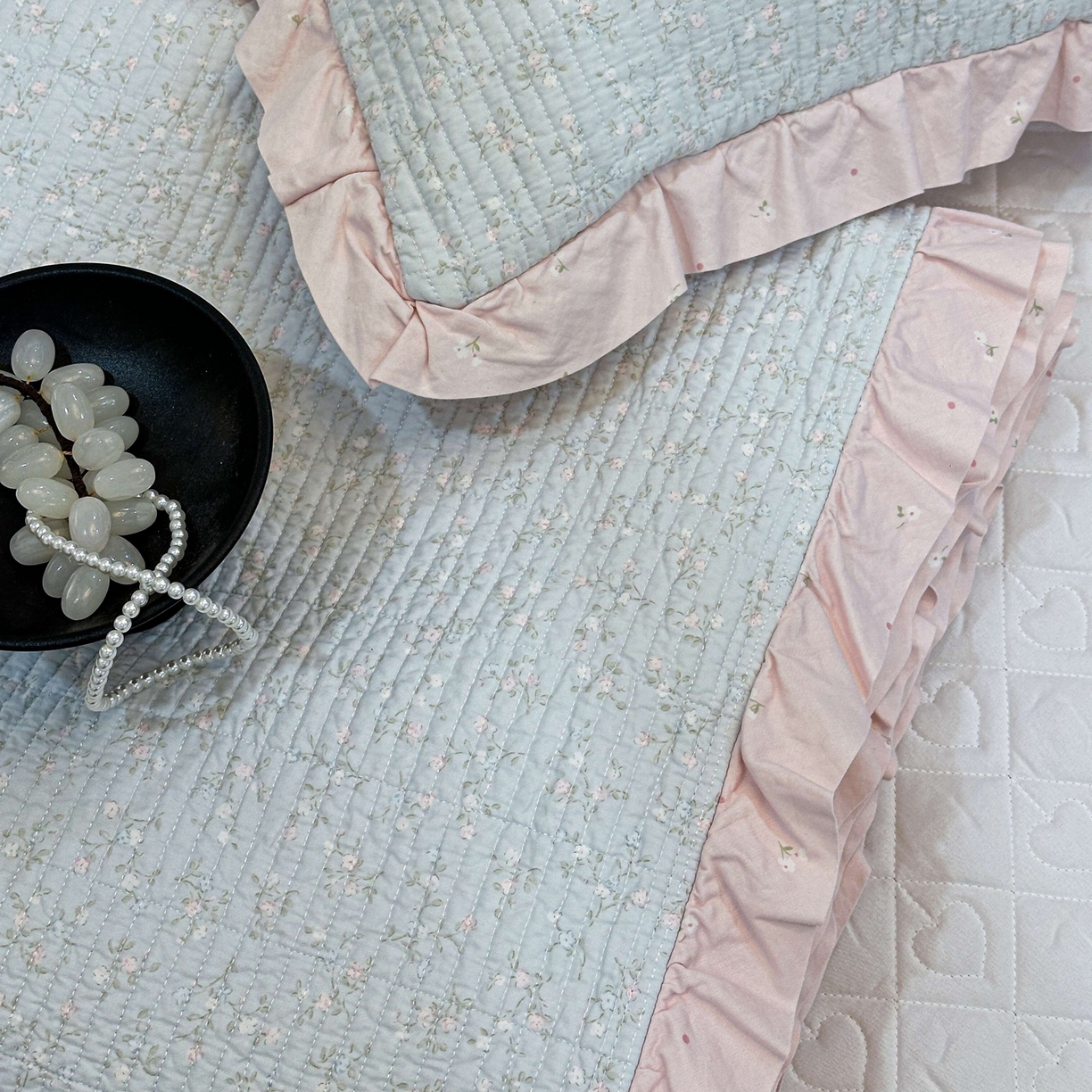 91家纺网 家纺一手货源 找家纺 床盖工厂店 2026新款小花边双面全棉填充棉花床盖三件套 若芷嫣（绿）