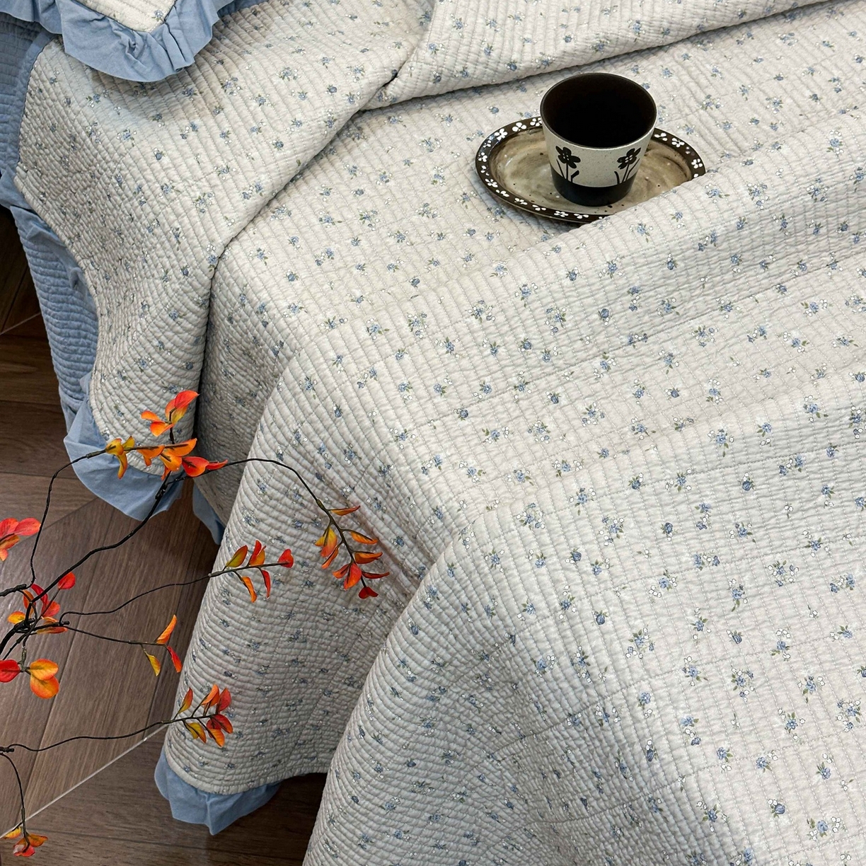 91家纺网 家纺一手货源 找家纺 床盖工厂店 2026新款小花边双面全棉填充棉花床盖三件套 虹光兰花（兰）