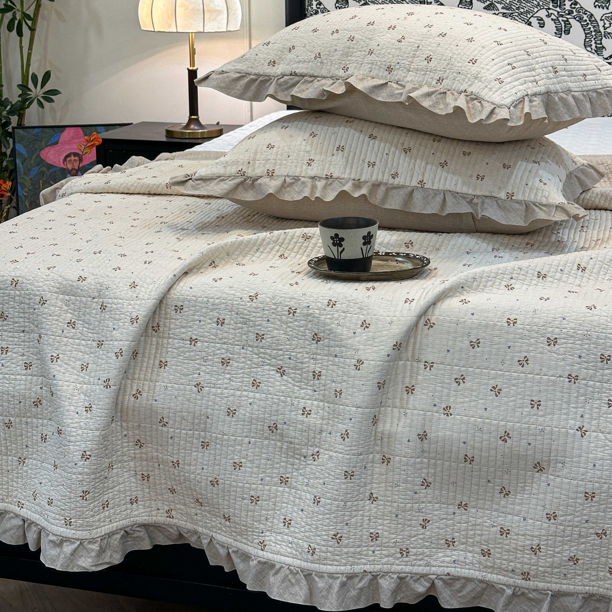 91家纺网 家纺一手货源 找家纺 床盖工厂店 2026新款小花边双面全棉填充棉花床盖三件套 曼城蝴蝶