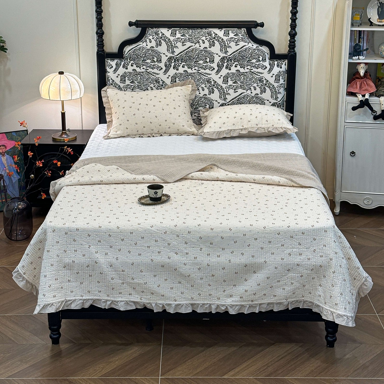 91家纺网 家纺一手货源 找家纺 床盖工厂店 2026新款小花边双面全棉填充棉花床盖三件套 曼城蝴蝶