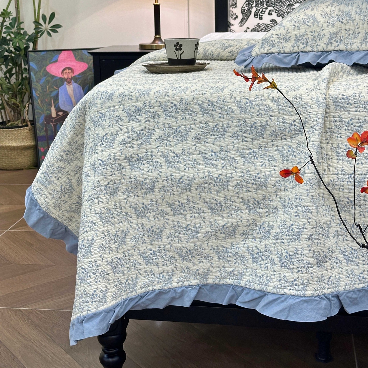 91家纺网 家纺一手货源 找家纺 床盖工厂店 2026新款小花边双面全棉填充棉花床盖三件套 瑞莎（蓝）