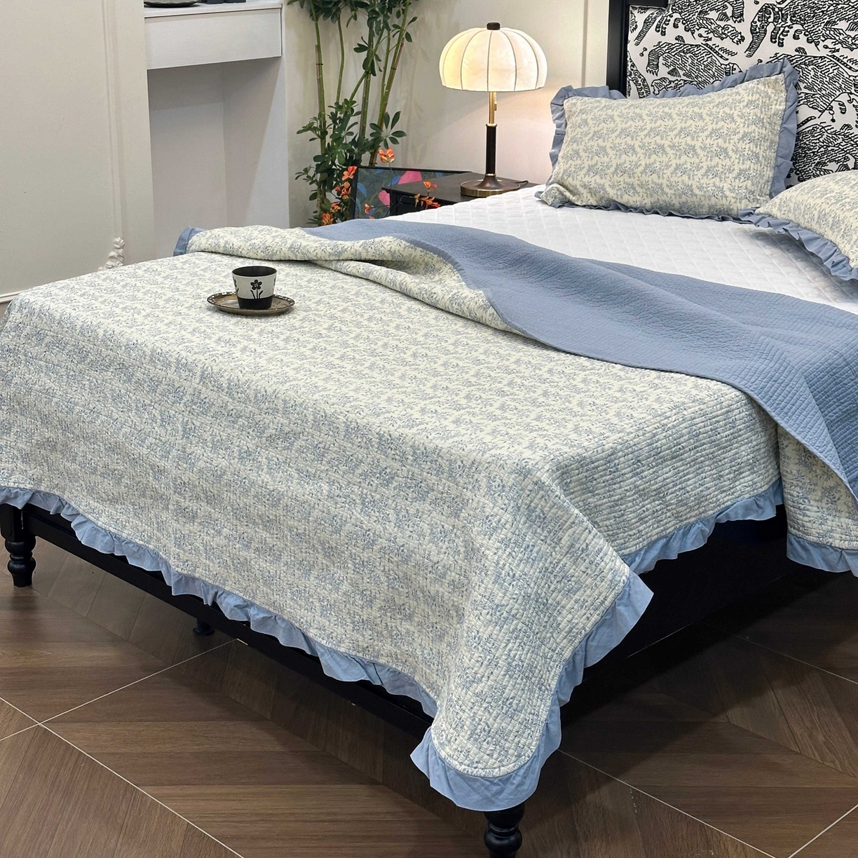 床盖工厂店 2026新款小花边双面全棉填充棉花床盖三件套 瑞莎（蓝）