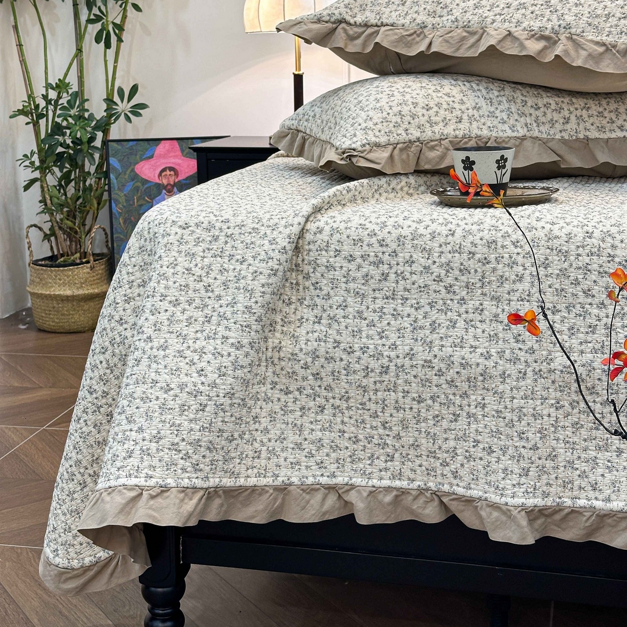 91家纺网 家纺一手货源 找家纺 床盖工厂店 2026新款小花边双面全棉填充棉花床盖三件套 温锦织（米）