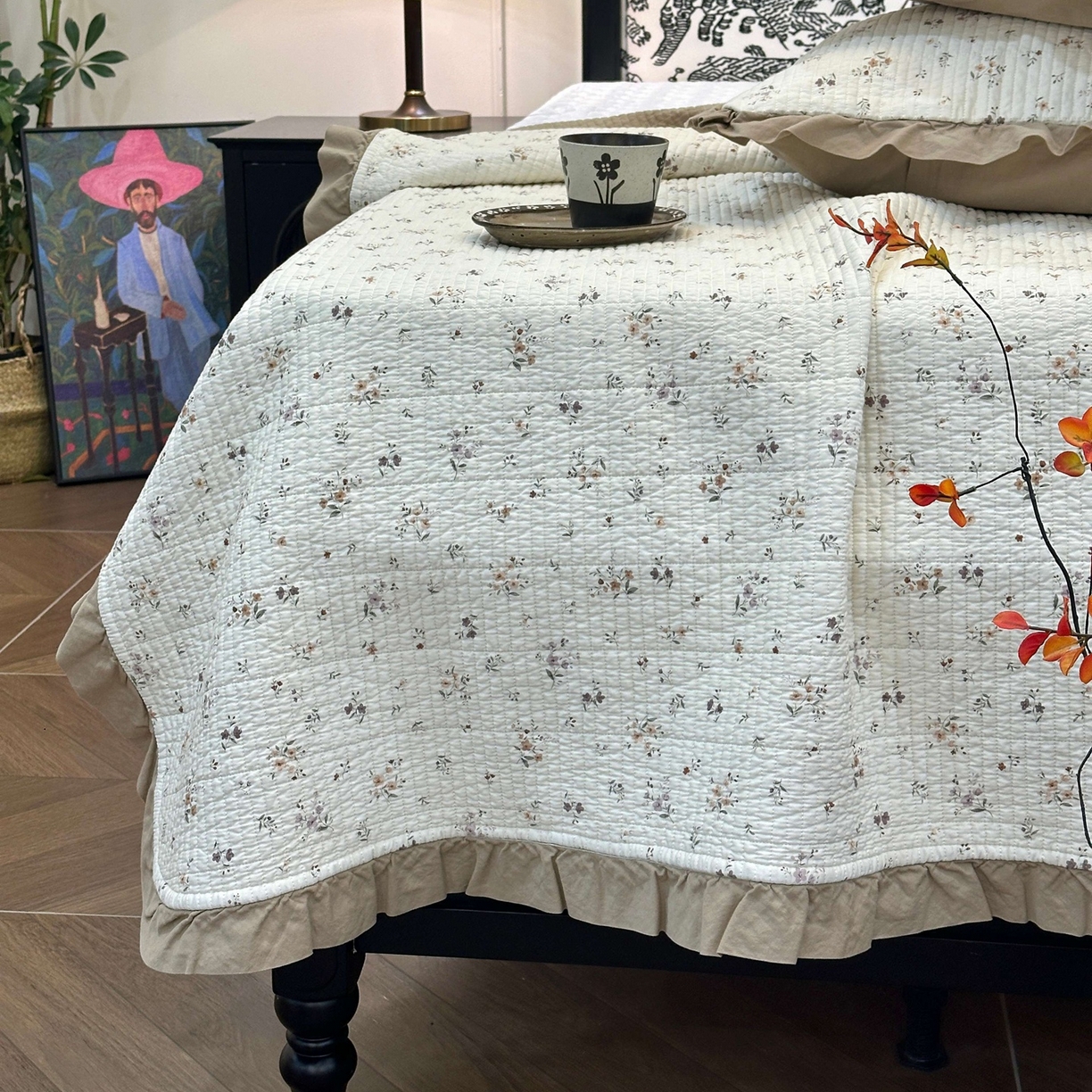 91家纺网 家纺一手货源 找家纺 床盖工厂店 2026新款小花边双面全棉填充棉花床盖三件套 风雅小筑（咖）