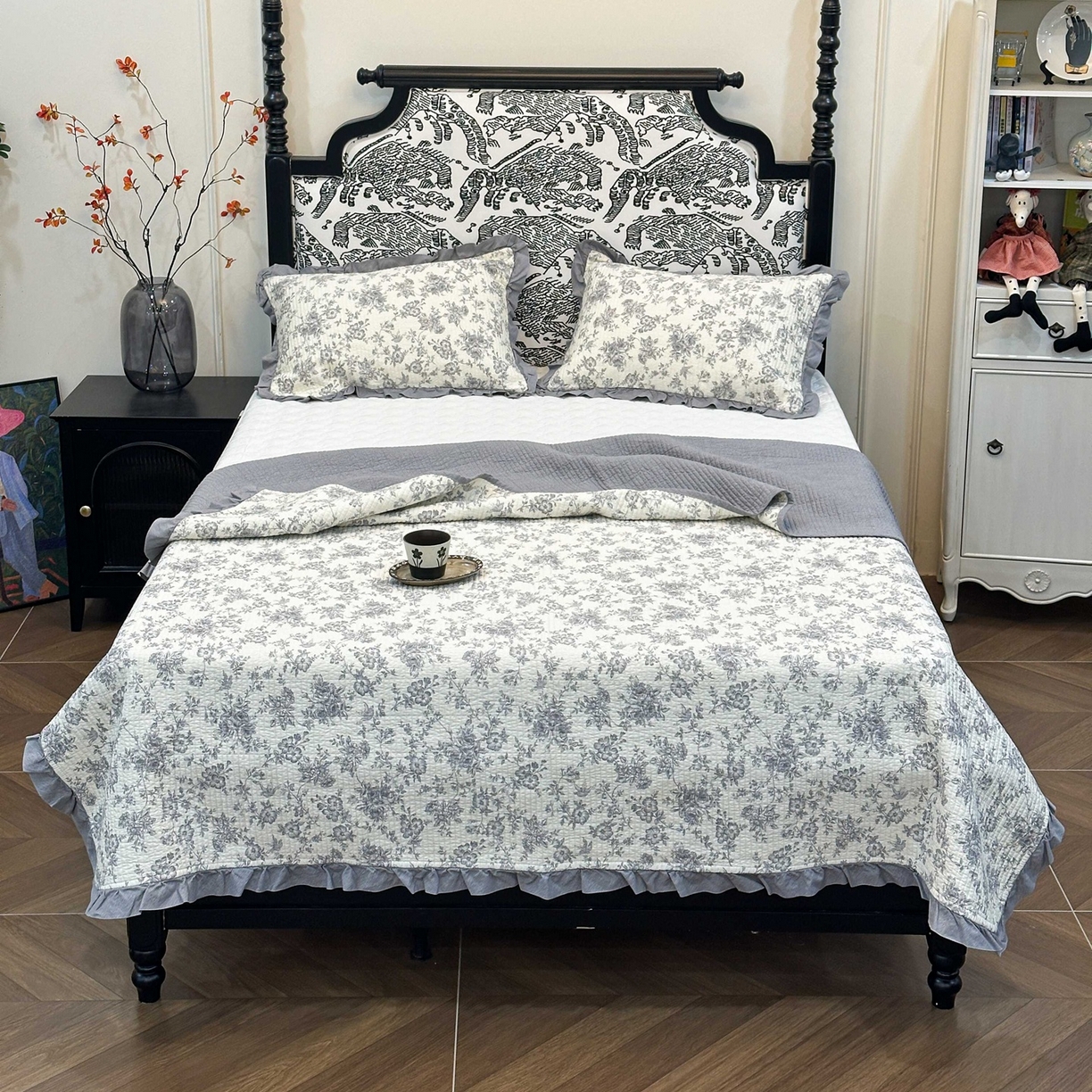 91家纺网 家纺一手货源 找家纺 床盖工厂店 2026新款小花边双面全棉填充棉花床盖三件套 洛莉