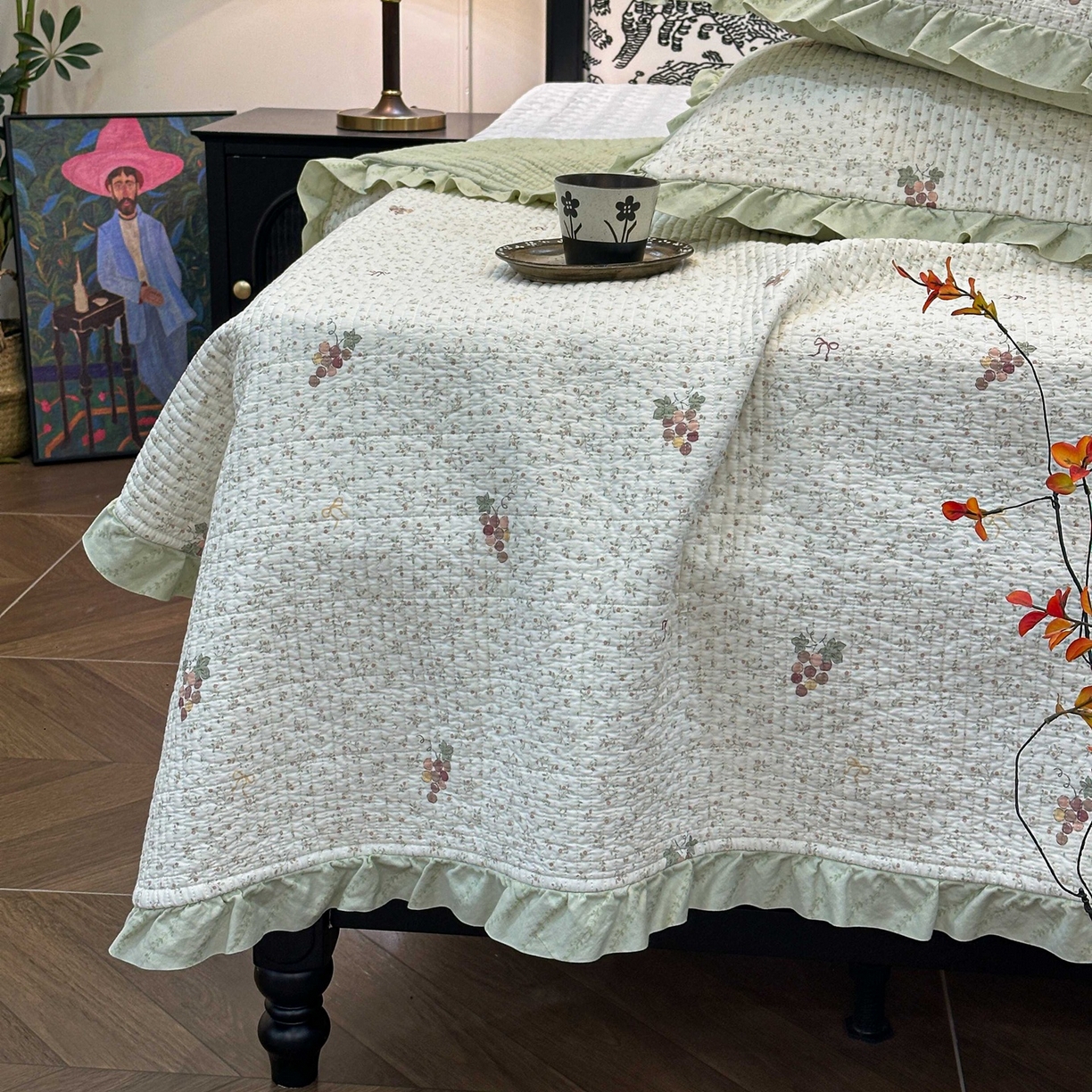 91家纺网 家纺一手货源 找家纺 床盖工厂店 2026新款小花边双面全棉填充棉花床盖三件套 紫珠漫（咖）