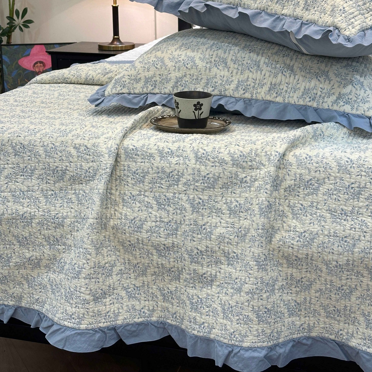 91家纺网 家纺一手货源 找家纺 床盖工厂店 2026新款小花边双面全棉填充棉花床盖三件套 瑞莎（蓝）