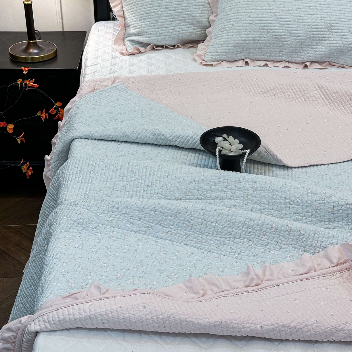 91家纺网 家纺一手货源 找家纺 床盖工厂店 2026新款小花边双面全棉填充棉花床盖三件套 若芷嫣（绿）