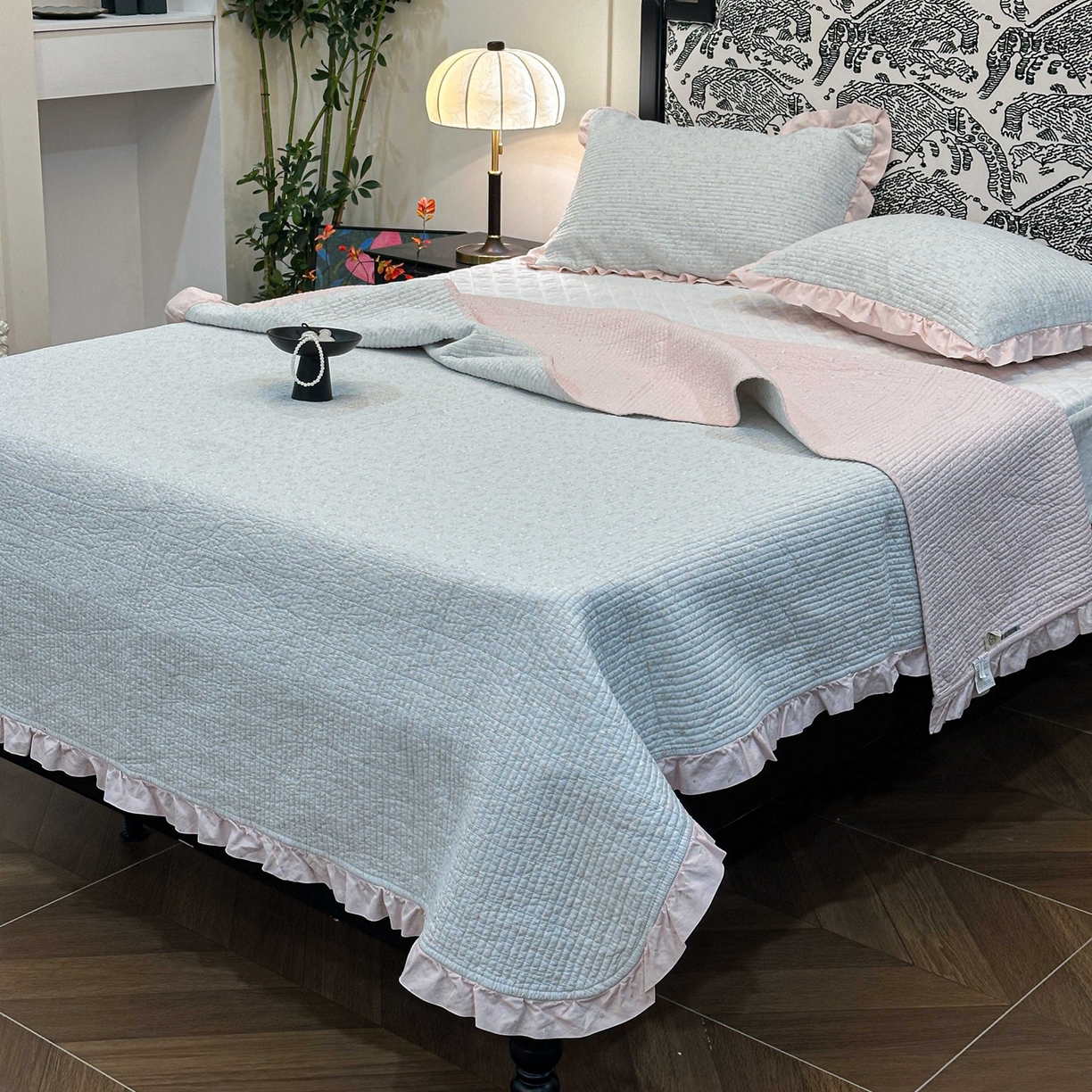 床盖工厂店 2026新款小花边双面全棉填充棉花床盖三件套 若芷嫣（绿）