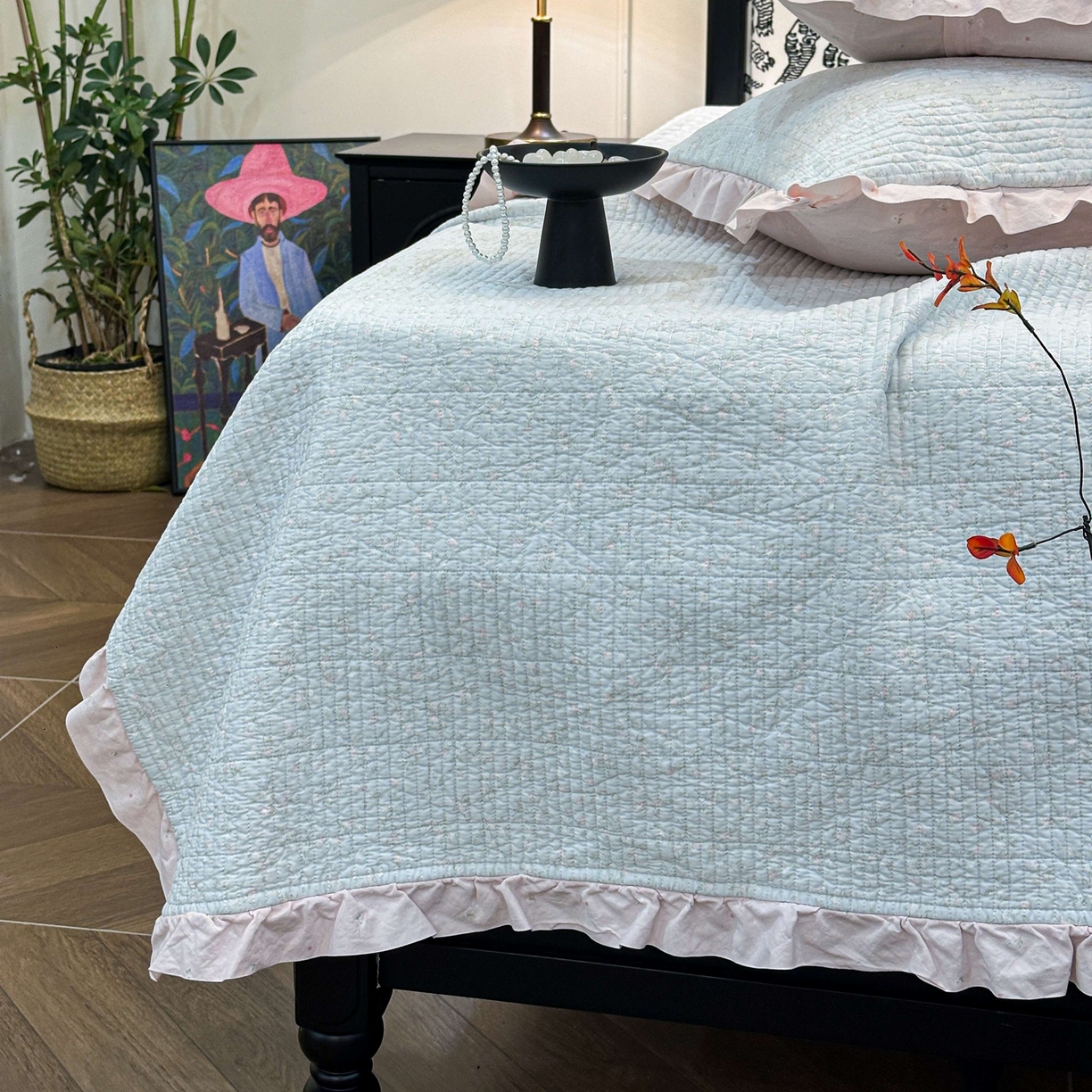 91家纺网 家纺一手货源 找家纺 床盖工厂店 2026新款小花边双面全棉填充棉花床盖三件套 若芷嫣（绿）