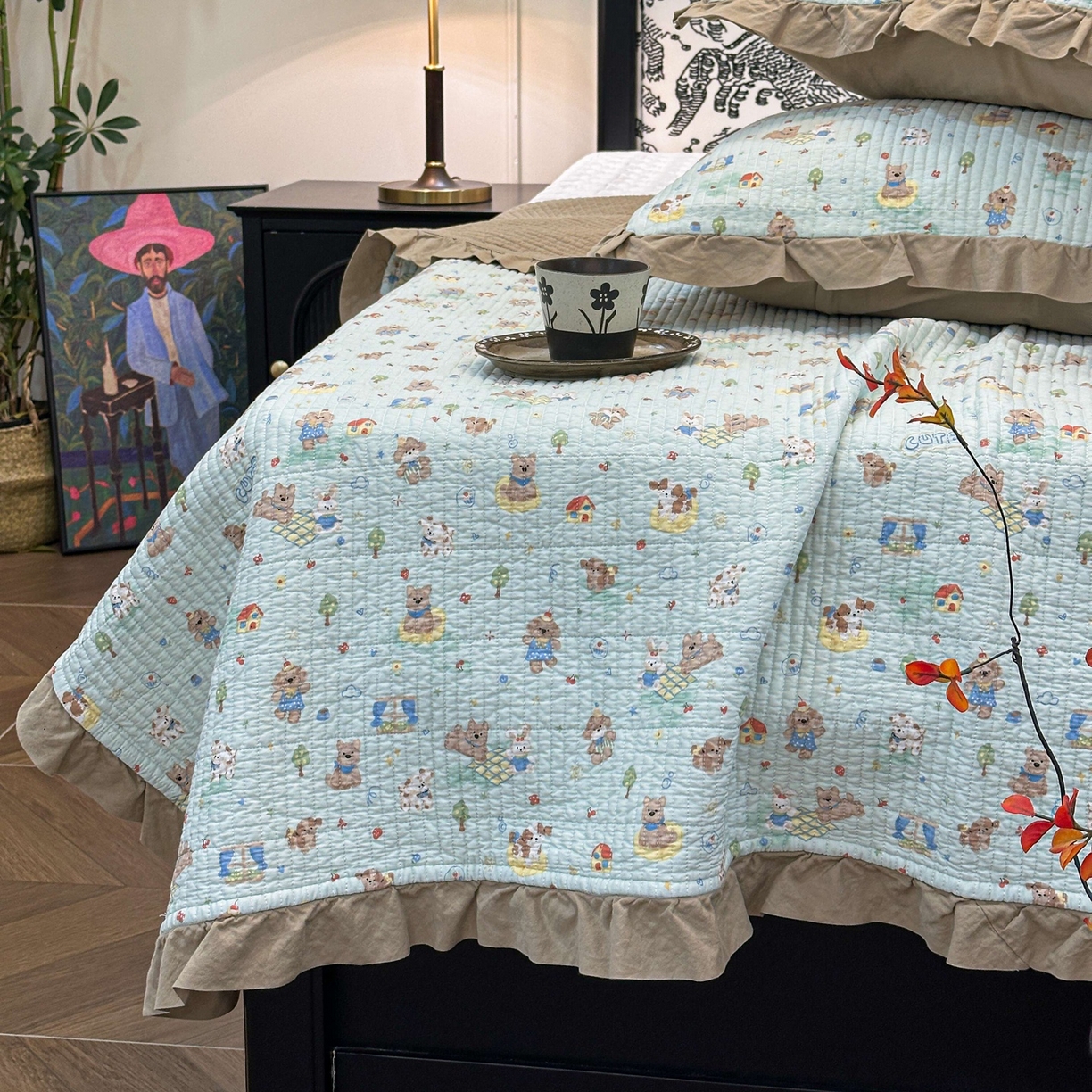 91家纺网 家纺一手货源 找家纺 床盖工厂店 2026新款小花边双面全棉填充棉花床盖三件套 柯基小镇