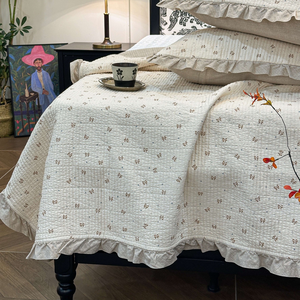 91家纺网 家纺一手货源 找家纺 床盖工厂店 2026新款小花边双面全棉填充棉花床盖三件套 曼城蝴蝶