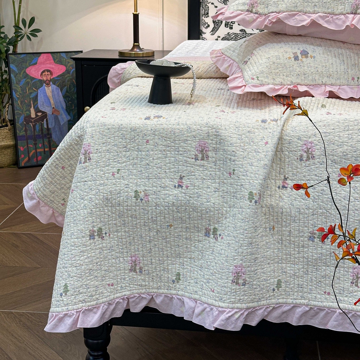 91家纺网 家纺一手货源 找家纺 床盖工厂店 2026新款小花边双面全棉填充棉花床盖三件套 花园梦梦