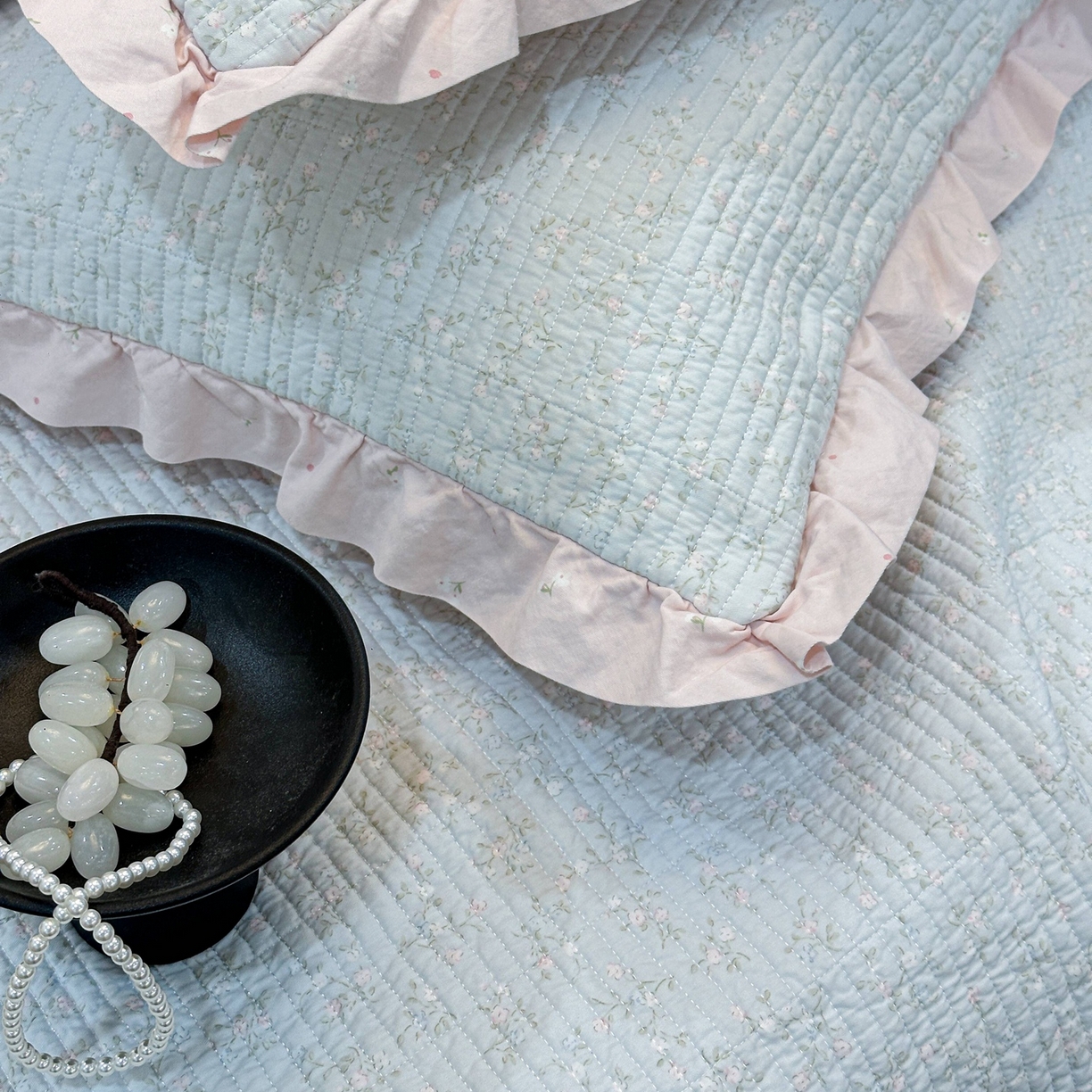 91家纺网 家纺一手货源 找家纺 床盖工厂店 2026新款小花边双面全棉填充棉花床盖三件套 若芷嫣（绿）