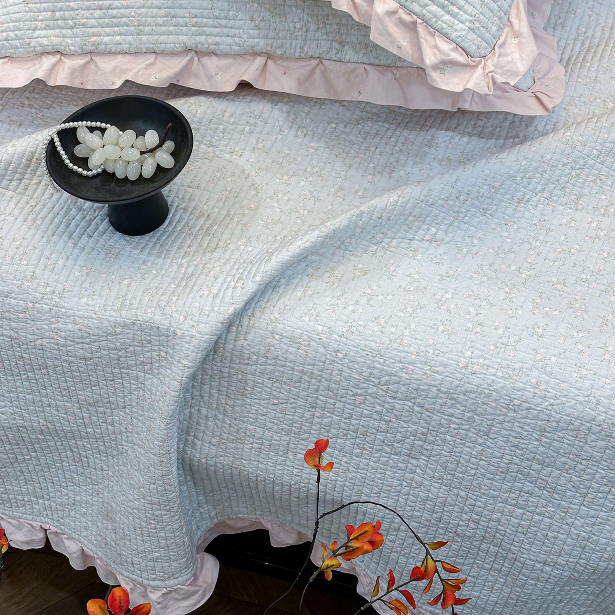 91家纺网 家纺一手货源 找家纺 床盖工厂店 2026新款小花边双面全棉填充棉花床盖三件套 若芷嫣（绿）