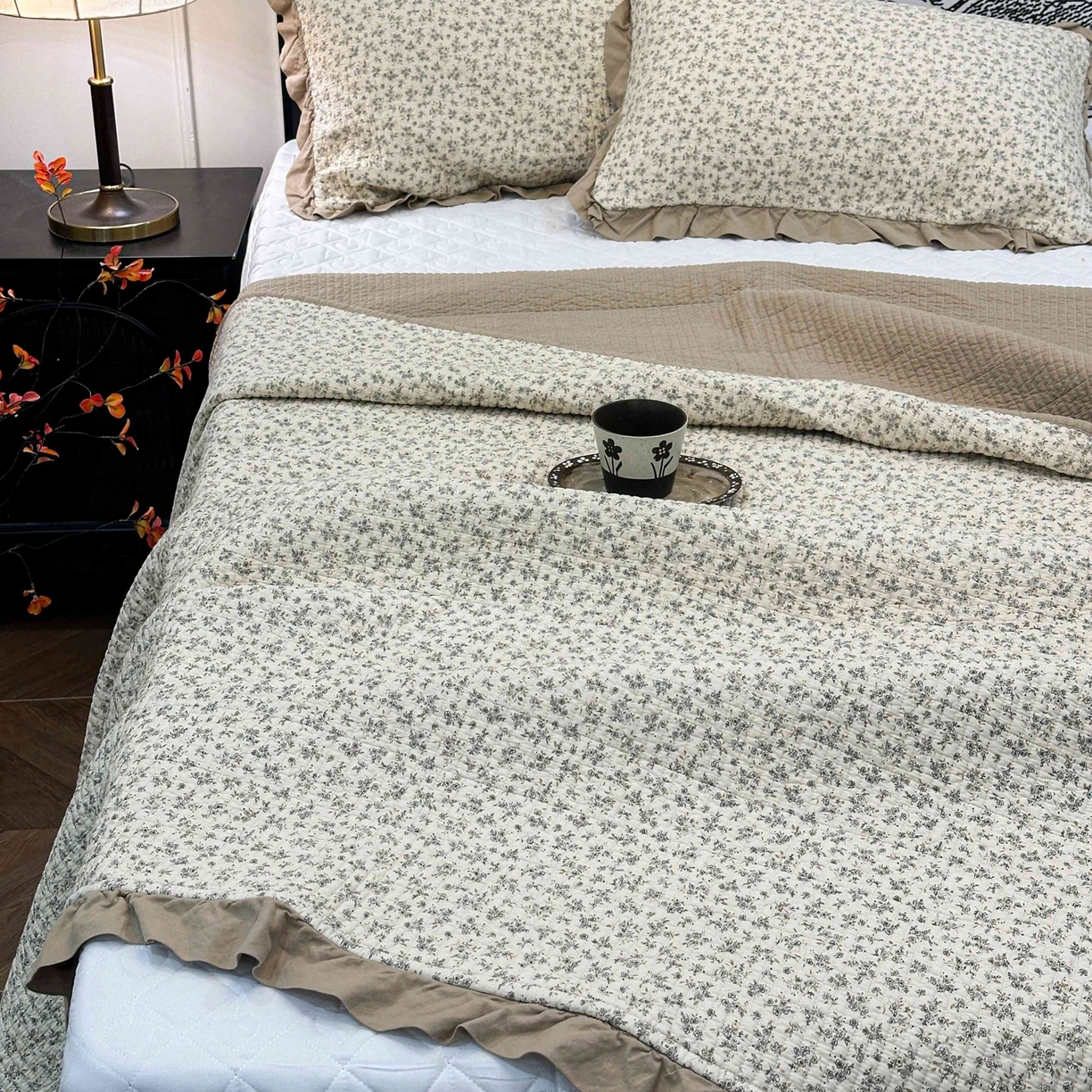 91家纺网 家纺一手货源 找家纺 床盖工厂店 2026新款小花边双面全棉填充棉花床盖三件套 温锦织（米）