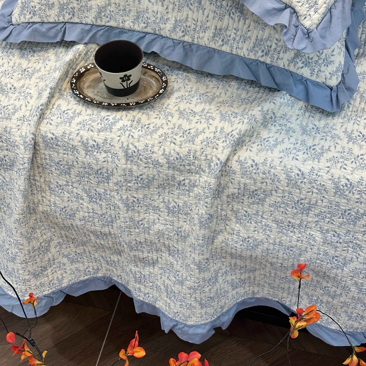 91家纺网 家纺一手货源 找家纺 床盖工厂店 2026新款小花边双面全棉填充棉花床盖三件套 瑞莎（蓝）